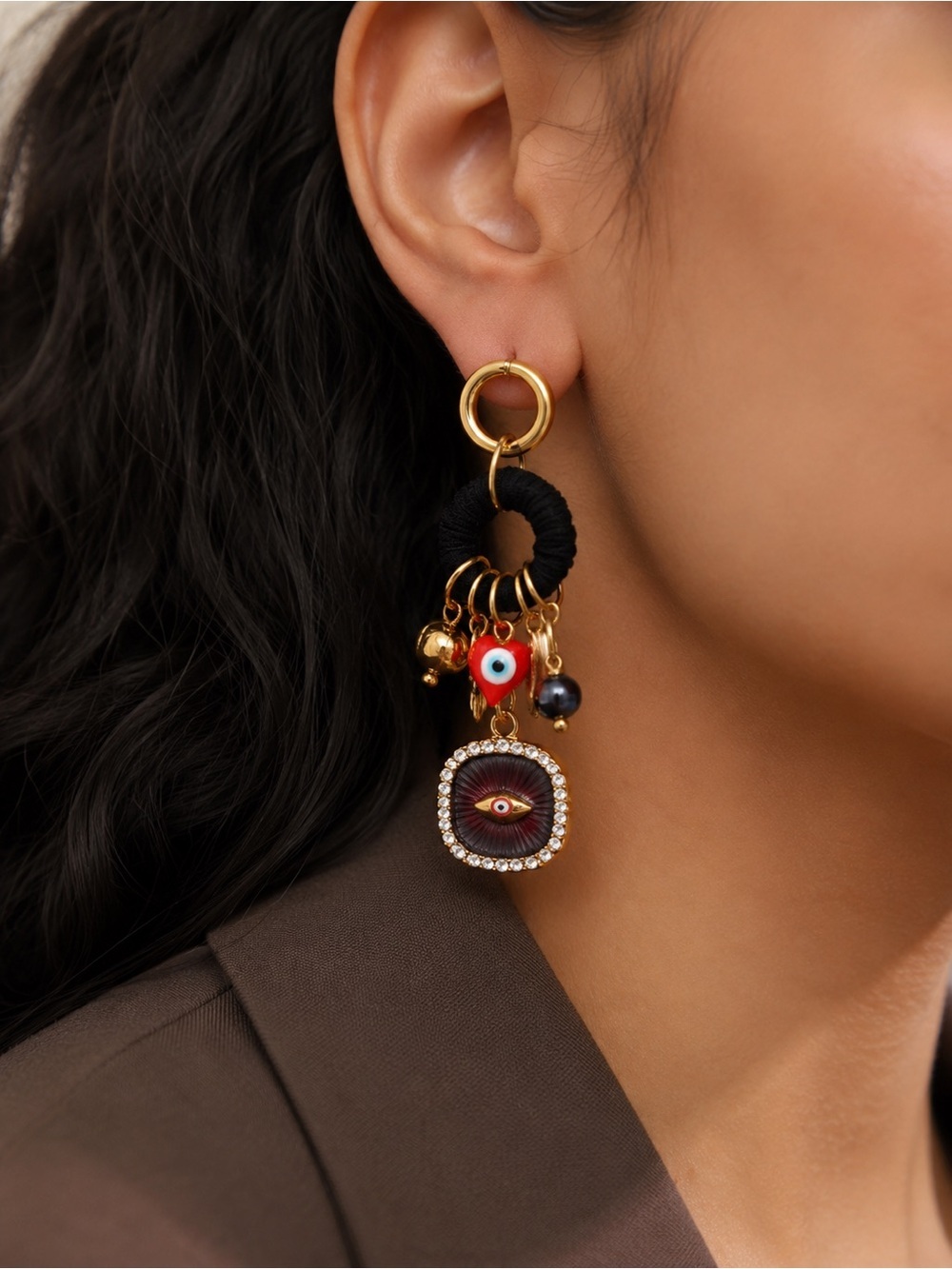 Evil Eye Charm Statement Earrings – Gold Tone Boho Earrings - Picture 8 of 9